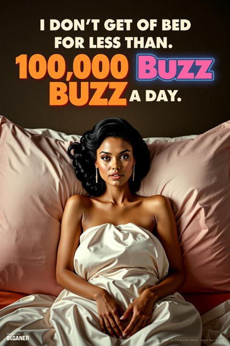 mvpstr. Epic movie poster inspired by the iconic quote of supermodel Linda Evangelista, reading, 'I don't get out of bed for less than 10,000 Buzz a day.' The poster should feature a glamorous, retro-inspired portrait of Linda Evangelista. She's lounging luxuriously in bed, surrounded by satin pillows and a chic bedroom setting, exuding effortless elegance and a touch of diva attitude. Her expression is confident and a bit cheeky, hinting at the humor behind the statement.
In bold, stylish typography, the quote is displayed prominently at the top, with the word 'Buzz' playfully highlighted or designed to resemble a vibrant energy drink logo. The overall style should mix high-fashion glamour with lighthearted humor, making it both empowering and fun., <lora:schnell_v1.0:1.0> <lora:EpicMoviePoster-000015:0.6><lora:793974303231221522:0>