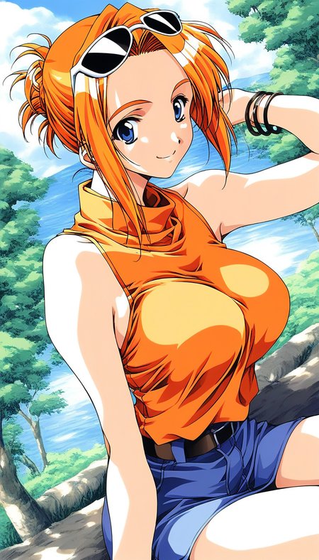 score_9, score_8_up, score_7_up, source_anime, rating_explicit, BREAK <lora:Kanou_Makoto_XL:1>Kanou_Makoto, blue eyes, orange hair, 1990s (style), large breasts,
day, outdoors, sleeveless, jewelry,  bracelet, smile, dutch angle, sunglasses, eyewear on head, tree, solo focus, sky, short hair, shirt, looking at viewer, brown hair, orange shirt, 
1990s (style), sitting, sleeveless shirt, turtleneck, 1girl, bare shoulders,