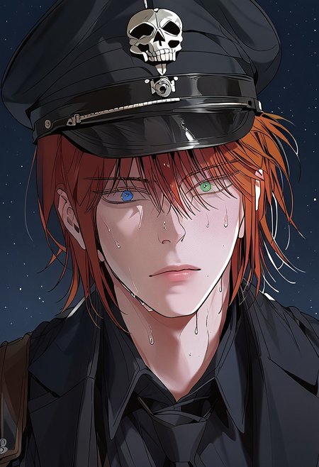 score_9, score_8_up, score_7_up, score_6_up, source_anime, 2d, 1boy, handsome boy, athletic body, manly boy, toned body, toned, male focus, solo, sweat, <lora:Chaos__Hero_Killer__Manhwa__webtoon:1>, Chaos, heterochromia, blue eye, green eye, auburn hair, medium hair, scars all over the body, closed lips, perface face, (perfect face, perfect eyes:1.2), looking at viewer, bishounen, toned male, solo, athletic build, large pectorals, abs, six pack, pecs, cute boy in his mid twenties, dark background,  <lora:warden-ponyxl-lora-nochekaiser_r1:1>, skull hat ornament, uniform, military uniform, black uniform, hat, cap, black cap, armband, collared shirt, black necktie, upper body