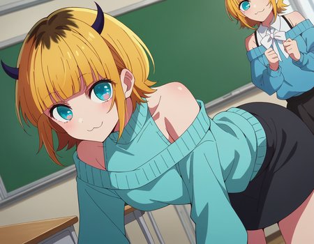 score_9, score_8_up, score_7_up, source_anime,
memcho, <lora:memcho-s1-ponyxl-lora-nochekaiser:1>
memcho, blonde hair, blue eyes, blunt bangs, demon horns, fake horns, horns, short hair,
bare shoulders, black skirt, blue sweater, long sleeves, off shoulder, off-shoulder sweater, puffy sleeves, skirt, sweater, white ribbon,
indoors, classroom, bent over, smile,
looking at viewer, dutch angle, cowboy shot