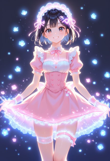 score_9, score_8_up, score_7_up , masterpiece,best quality,amazing quality, very aesthetic, ((outlined outlined vector graphics)), cute face, (glow eyes:0.5) ,   front view ,  looking at viewer ,  looking at viewer ,
1girl,
20yo, black hair, black eyes, short bob hair, hair pin,mdeium  breast, slender,(white thigh strap:1.1)
,
pink  clothes, (focus female), smile, peacuful, (clothed:1.1), maid, sparkling maid uniforms, maid head band,glowing, glittring,
 happy,  
open eyes , (kawaii) , hat , flowers <lora:spakling-maid-pony-01:1>