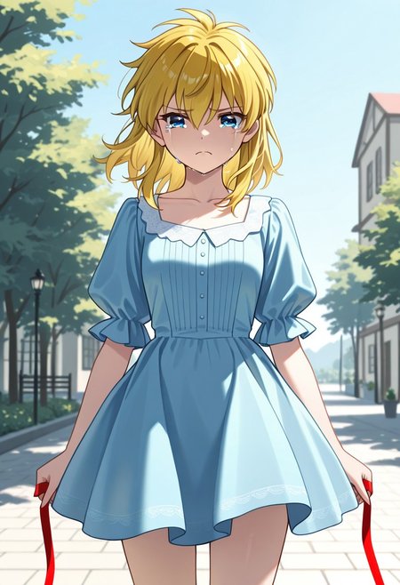masterpiece, best quality, 32k, high resolution, absurdres, sara werec, holding ribbon, outdoors, day, puffy sleeves, blue dress, crying, short dress, collarbone, frown