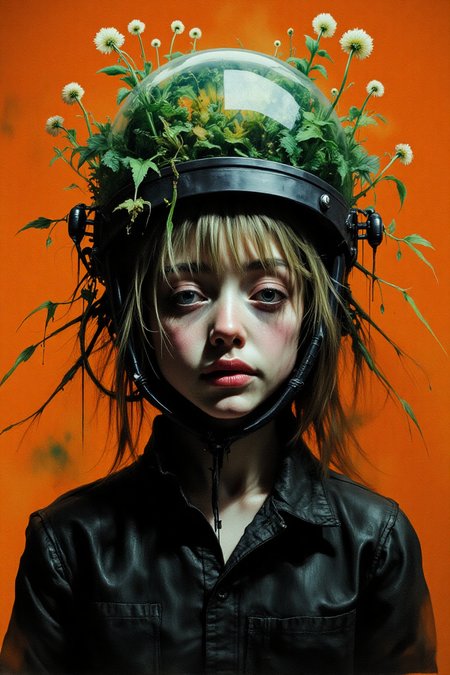masterpiece, best quality, amazing quality, very aesthetic, absurdres, newest
digital art, frontal portrait, futuristic, sci-fi
1girl, solo, upper body, eyes gently closed
helmet, biosphere inside helmet, organic elements, technology, black jacket, detailed design, high contrast, intricate details, dreamlike atmosphere
orange background, lush green plants, glowing flowers
artist:moriimee, in the style of cksc, in the style of cknc, in the style of ck-rw      

Dark Art