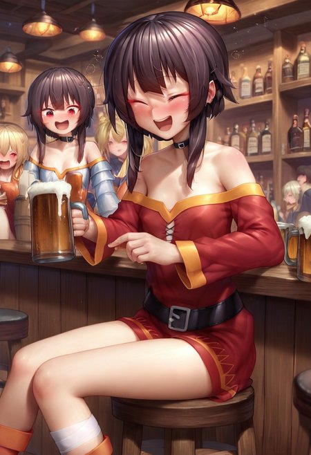 score_9, score_8_up, score_7_up, 1girl, Megumin, sitting, bar, beer, mug, drunk, laughing, aki99P