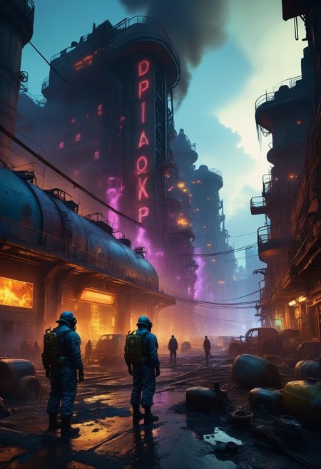 toxic metropolis with chemical factories and neon-lit labs, citizens wearing gas masks and protective gear, streets filled with hazardous waste and toxic fumes, towering structures with glowing chemical vats, air filled with the scent of chemicals and decay, distant sounds of bubbling vats and lab equipment, use of 'photorealistic', '8k', 'hyper-detailed', 'chempunk', 'dramatic lighting' to highlight the toxic environment, 'depth of field' for immersive effect, 'HDR' for high dynamic range