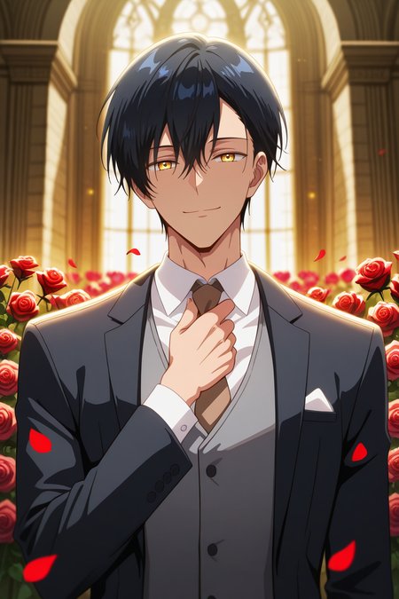 masterpiece, best quality, amazing quality, very aesthetic, high resolution, ultra-detailed, absurdres, newest, scenery, volumetric lighting, depth of field, 1boy, solo, male focus, <lora:noah:0.96>,noah wynknight,black hair,golden eyes,short hair,bangs,looking at viewer, smile, shirt, long sleeves, jacket, white shirt, upper body, flower, necktie, vest,petals, rose, formal, suit, red flower, red rose, rose petals, grey vest,black jacket, brown necktie, adjusting necktie