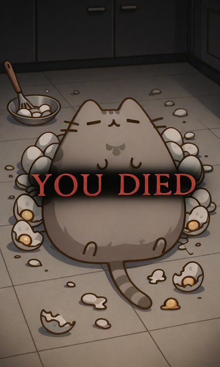 embedding:IllusP0s, you died, defeat, lying, pusheen, ><, broken eggs, kitchen floor, from above, on back, messy,<lora:PusheenIXL.safetensors:1.0:1.0> <lora:you died_illustrious.safetensors:1:1>