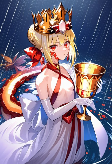 nero claudius \(fate\), dragon girl, 1girl, blonde hair, red eyes, crown, solo, white robe, scales, dragon tail, elbow gloves, tail, chalice, gloves, looking at viewer, robe, rain, braid, single glove, white gloves, french braid, small breasts, dress, ribbon, breasts, facial mark, hair bun, cup, red ribbon, ahoge, halterneck, criss-cross halter, hair ribbon, ripples, hair intakes, long hair, holding, pointy earrings 
score_9, score_8_up, score_7_up, score_6_up, absurdres, best quality, masterpiece, very aesthetic
<lora:dragon_girl_pony_v2:1>