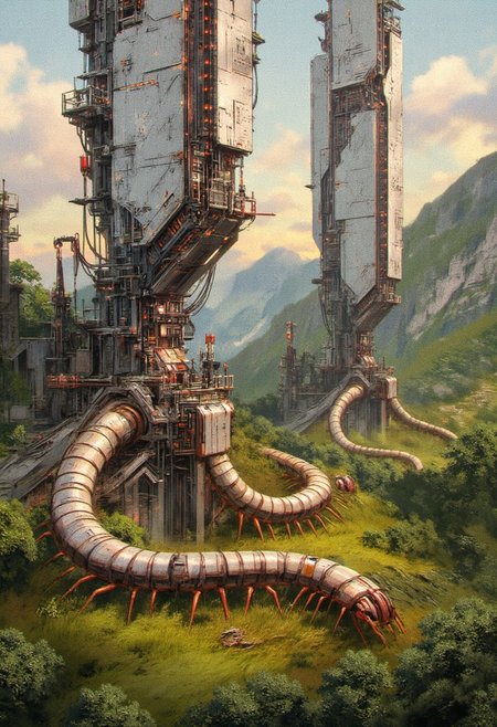 in the style of ck-sfc, detailed photorealistic image, a sci-fi cityscape of colossal insect buildings and towers in a green lush landscape, centipede segmented structures, situated in a green valley bounded by mountain slopes, white chitinous surfaces with high-end circuitry, red glowing diodes and lights, large depth of field, sunset, directional lighting,