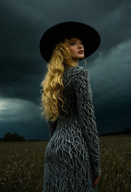 This is a highly detailed, photorealistic digital artwork featuring a striking, statuesque woman with an ethereal, almost mythical appearance. She stands against a dramatic, dark, cloudy sky, suggesting an ominous, almost stormy atmosphere. Her skin has a porcelain complexion and she has long, wavy, golden-blonde hair cascading down her back, styled in loose waves. She wears a large, black, wide-brimmed hat adorned with intricate, twisted, branch-like designs, adding to her otherworldly aura.