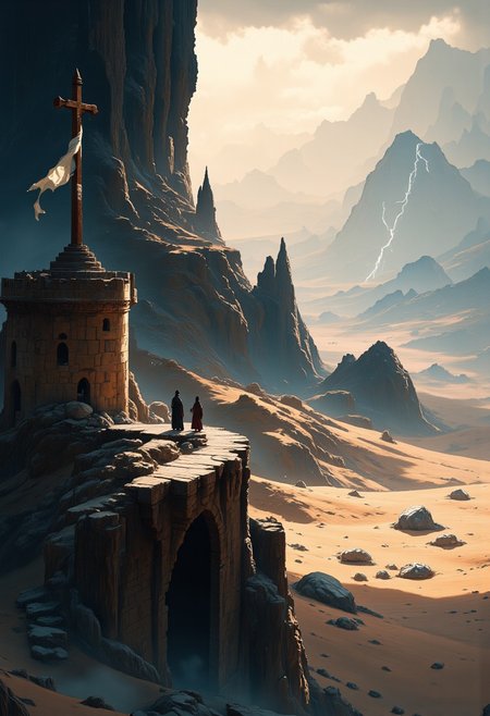 A desolate, windswept plateau stretches endlessly beneath a storm-laden sky, its jagged cliffs carved by time and war. At its heart stands a towering, crumbling Templar citadel, its stone walls scarred by centuries of forgotten battles. A lone, weathered cross rises from the ruins, wrapped in tattered banners that whip violently in the howling wind. The landscape is bleak yet awe-inspiring—endless dunes of ashen sand swirl in ghostly patterns, and shattered obelisks jut from the earth like forgotten sentinels. Distant lightning silhouettes the remnants of a once-great fortress, while a blood-red sun sinks behind the ruins, casting elongated shadows over the forsaken land. This is the final bastion of an order long lost, where only whispers of faith remain among the broken stones.