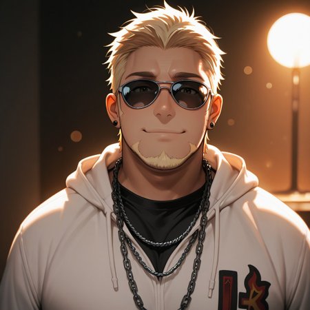 masterpiece, best quality, amazing quality, absurdres, newest, detailed background, definition so sharp, Ultra-HD, 8K cinematic, very awa, impressionate, amazing quality, highres, 
solo, male focus, manly, shadow, shiny skin, bokeh, warm light, light particle, looking at viewer, 
1boy, short hair, goatee, chubby, sunglasses, earrings, sideburns, rikiokamamoto, rikio_blonde, rikio_brown eyes, white hoodie, chain necklace, black shirt,
smile, gentle, looking at viewer