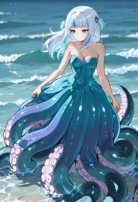 reia 76, 1girl, solo,tentacle dress, tentacles, scylla, ocean,outdoors, water, cleavage, suction cups, bare shoulders, strapless dress, gawr_gura, swimming