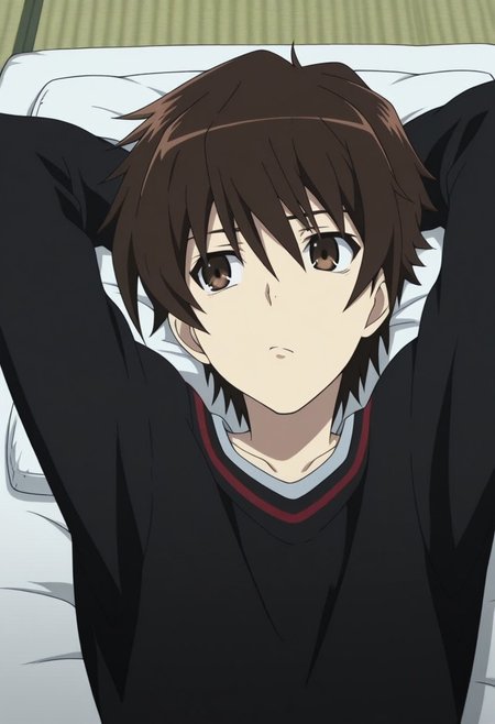 masterpiece,best quality,amazing quality, source_anime,
KoichiSakakibara, 1boy, male focus, solo, brown eyes, brown hair, sweater, red stripes, black sweater, futon, lying, on back, hands behind head, thinking,