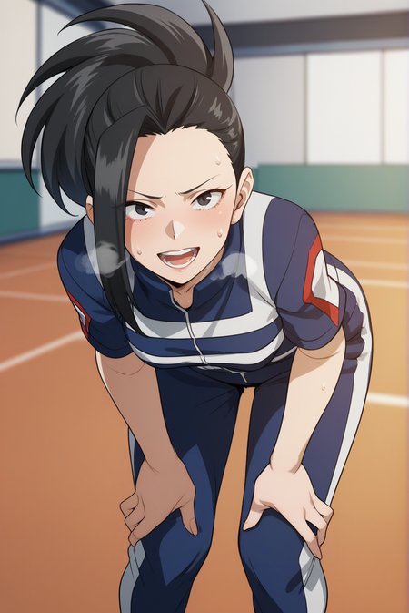 score_9, score_8_up, score_7_up, score_6_up, score_5_up, score_4_up, BREAK source_anime, 1girl,
<lora:MomoYaoyorozuXL-v1-07:0.7>, ChopioYaoyorozu, long hair, black hair, wide ponytail, asymmetrical bangs, black eyes, looking at viewer,
[medium breasts : large breasts: 10], breasts apart, (wide hips:0.7),
outfit_5, blue tracksuit, track jacket, short sleeves, track pants, sneakers, pink footwear,
gym, indoors, hands on thighs, leaning forward, sweat, sweatdrop, open mouth, smile, heavy breathing, visible breath,