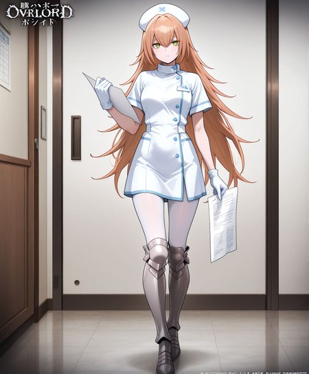 masterpiece,best quality,amazing quality,very aesthetic,absurdres,newest, huge filesize,
<lora:spo_sdxl_10ep_4k-data_lora_webui:0.5>, 
<lora:add-detail-xl:1> overlord,official art, 
anime screenshot,  
<lora:nurse_illustrious_V1.0:0.7> nurse, short sleeves, dress, nurse cap,white pantyhose,holding paper,
BREAK
<lora:overlord_The_Sacred_Kingdom_V1:0.8> 
overlord_V1,
1girl,
long hair,
green eyes,
gloves,very long hair,
standing,full body,cz2128 delta, 
armored boots,
o_cz2128,