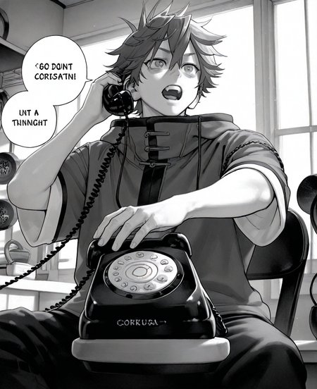 <lora:gokurakugai:1> gokurakugai,
(masterpiece), (best quality), (ultra-detailed), amazing quality, very aesthetic, illustration, perfect composition, intricate details, absurdres, incredibly absurdres, shiny skin, realistic,
 gokurakugai, monochrome, 1boy, greyscale, male focus, open mouth, phone, , talking on phone,  phone, short hair, , , sitting, solo, pants, indoors, short sleeves, corded phone, hair between eyes, general