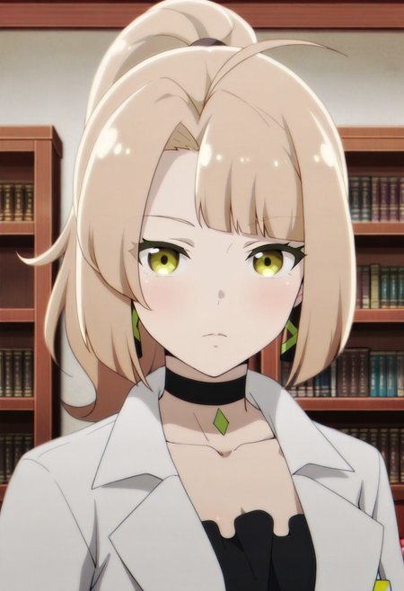 masterpiece,best quality,amazing quality,lorraine vivie, light brown hair, long hair, yellow-green eyes, 1girl, labcoat,  ponytail, choker, indoors, ahoge, collarbone, bookshelf