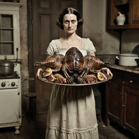 full body portrait horror daguerreotype circa 1860 woman holding platter of roasted alien turkey and detailed trilobites in old kitchen, wearing revealing sexy dirty old cotton dress, detailed face, monsters