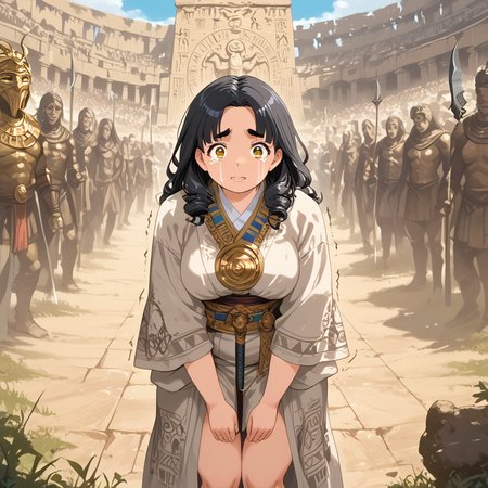 IllusP0s, PonyScores7, source_anime, ah1, IllustriousQual, interesting, exciting, spectacular, wonderful, 
BREAK <lora:xl_more_art-full_v1:0.2>, <lora:aesthetic_anime_v1s:0.2>, <lora:EpicF4nta5yXL:0.2>, <lora:detailxl:0.2>, detailxl, <lora:Fant5yP0ny:0.2>, amazing quality, best aesthetic, absurdres, illustration, Volumetric_Lighting, ultra-detailed, very aesthetic, intricate details, best_quality, <lora:Anime_Aesthetic_Wallpaper_StyleIllustriousXL:0.4>, aniwall,
BREAK ((arms wrapped around waist, body leaning slightly forward, legs close together, protective and introspective body language)),
BREAK Stable_Yogis_PDXL_Positives, AS-Adult, <lora:Complicated fantasy portrait - XL Pony V2.0:0.2>, bad-hands-5, <lora:HDA_Detailer:0.3>, <lora:natsumi_style:0.5>, <lora:by_usakun-pony:0.4>, by usakun, <lora:Akina_Bbw_Style_-_PonyXL:0.2>, AkinBw, ((e-Girl fashion style, known for its bold and colorful aesthetics, features layered clothing, graphic prints, and unique hairstyles, expressing a playful and edgy personality)),
BREAK 1girl, mature female, (curvy), round-chin, caucasian, <lora:ETO_OC_Illustrius:0.5>, eto_oc, skindentation, (plump), thick thighs, wide hips, busty, voluptuous, <lora:venus body PonyXL:0.3>, <lora:shinyskin2:0.2>, glistening skin, HDA_FatGirlXL, round ass, large breasts,
BREAK ((byzantium Lace trim romper)),
BREAK (curly hair), long hair, (black hair:1.4), (parted hair:1.7), messy hair, kinky curls, <lora:hairdetailpxl:0.2>, hairdetailpxl,
BREAK (half green and brown eyes), (colorful eyes), (multicolored eyes), (downturned eyes:1.4), <lora:expressive eyes:0.2>, expressive eyes, <lora:eyedetailpxl:0.2>, eyedetailpxl, <lora:Eyes_High_Definition:0.2>, EyesHD, (round face:1.2), (thick eyebrows:1.3), (plump face), <lora:Round_face:0.2>, lips, 
BREAK ((Trembling, Horrified, cry, tears expression)), <lora:Expressive_H:0.2>, Expressiveh, <lora:Emotional_Anime_Expressions_PonyXL_Concept:0.2>, emotional, <lora:Best_Facial_Expression_LoRA_PONY:0.2>, looking at viewer, <lora:Detailed expressive EXEV style -XL Pony V1.0:0.2>, FaceDetail, <lora:Best_Facial_Expression_Helper_XTREME_ILLU:0.4>, kaogei,
BREAK (((The gladiators of the Egyptian arena fought not for glory, but for the favor of the gods, The arena, a vast temple complex, was adorned with hieroglyphs and statues of ancient deities, Two warriors, their bodies painted with sacred symbols, clashed with khopesh swords, their movements fluid and precise, One, his face a mask of religious fervor, landed a blow that cleaved through his opponent's shield, The other, his eyes filled with desperation, parried the next attack and retaliated with a thrust of his own, The crowd, a sea of linen robes and painted faces, chanted prayers to the gods, their voices rising and falling with the tide of battle))), <lora:Background Detailer - SDXL:0.8>, 4k, 8k, Ultra HD, Masterpiece, Best quality, Detailed background, <lora:Add_more_details_V2_XLpony:0.4>, full_details, <lora:background-type1:0.4>,