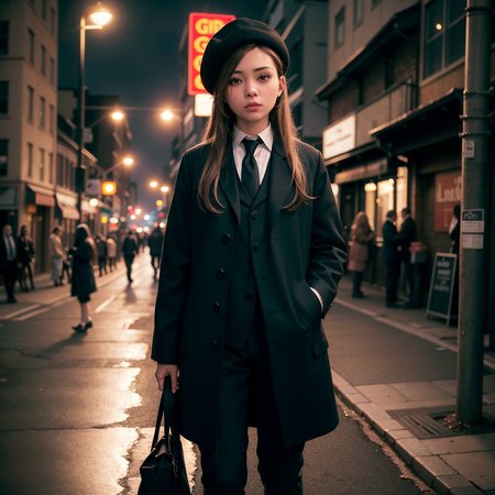 masterpiece, absurdres, high quality, realistic,
1girl, long hair, standing, looking at viewer, three-piece suit, oxford laced boots, newsboy cap, detachable collar shirt, heavy overcoat,
street alley, street lights, night,
20 megapixel, detailed, movie grain