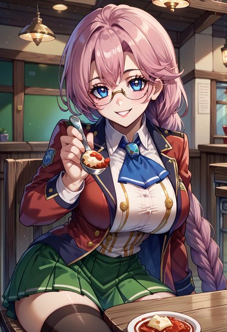 score_9, score_8_up, score_7_up, 1girl, incoming food, holding spoon, <lora:IncomingFood_pdxl_Incrs_v2:1>, pov across table, seductive smile,     emmathors, ascot, blue eyes, braided ponytail, breasts, glasses, loafers, long hair, pink hair, pleated skirt, red jacket, single braid, thighhighs, white shirt, large breasts, <lora:emma-rebake3:0.9>, green skirt