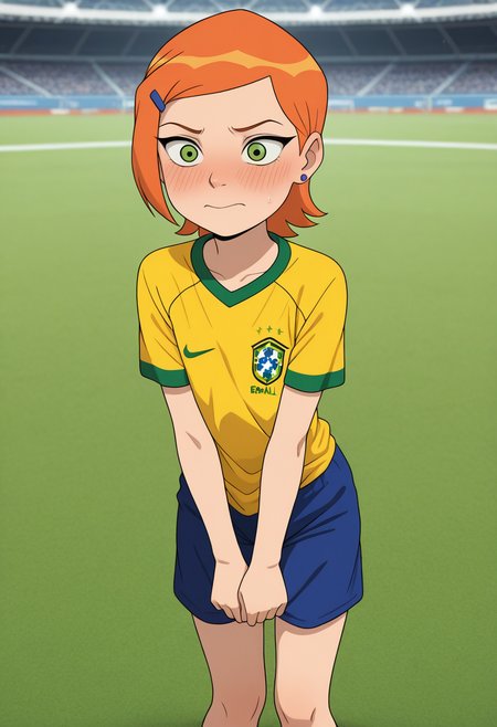 masterpiece,best quality,amazing quality,very aesthetic,high resolution,ultra-detailed,absurdres,newest, Gwendolyn_Tennyson, Green eyes, Orange hair, blush, embarrassed,BrazilFootballShirt, soccer uniform, soccer, yellow shirt, shirt, short sleeves, blue shorts, shorts, solo, football field 