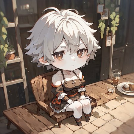 <lora:NAHIRI:.4> nahiri, 1girl, solo, short hair, breasts, bare shoulders, white hair, colored skin, white skin, (chibi) (chibi,) sitting in a cafe,, source_anime, score_9_up,  score_7_up, score_8_up