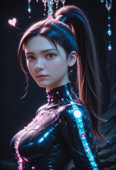 score_9,score_8_up,score_7_up, sorce_real, 8k, hd, (1 girl, brown eyes, high ponytail, bioluminescent latex suit, seij, <lora:Seij-000001:1>), cute and mischievous, black suit, purple details, neon colored glowing particles in the black skin, black skin with neon pink bioluminescence, cinematic light, looking at viewer, dark, night, mysterious atmosphere, floating hearts, beautiful  creatures, flies through a dark stalactite cave at night, bioluminescent icicles on the walls, everything is shrouded in darkness.  <lora:SDXLFaeTastic2400:0.4>, cave by Jed-Cosmos  <lora:Jed-Cosmos-sdxl:0.4>  <lora:ral-swarcrystl-sdxl:0.5> multicolored gemstones made of ral-swarcrystl, black gloves with glowing jewels, upper body, side view
