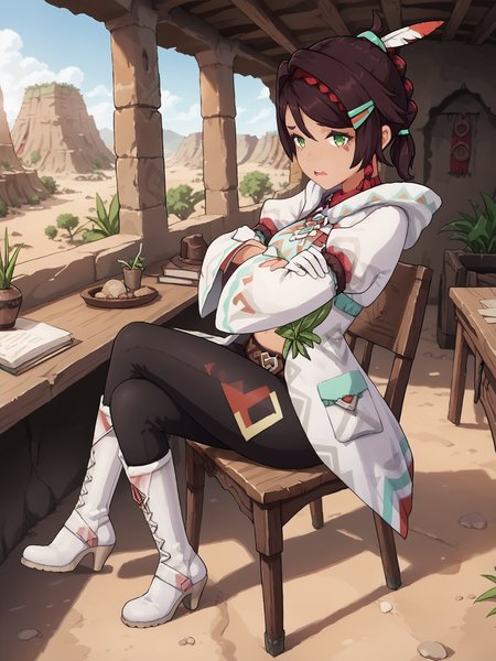 score_9, score_8_up, score_7_up, source_anime, BREAK
<lora:age_slider_v4:0>, (detailed eyes, detailed face, beautiful eyes, long eyelashes, thick eyelashes:1.5), (native indian village, huts, canyon, desert, tribal village, indoors:1.5), (sitting on chair, legs crossed:1.5), perspective, pov, looking at viewer, (arms crossed, concerned:1.5), (open mouth, teeth:1.3), (from side:1.3), (full body:1.5), from above, (straw beds:1.5), (desk:1.5), BREAK
<lora:Genshin_NPC_Chiychu_Pony_v1:0.85>, gchiychu, brown hair, green eyes, asymmetrical hair, hair between eyes, swept bangs, single braid, (braided ponytail:1.5), sidelocks, (dark skin, dark-skinned female:1.8), facial mark, feather hair ornament, feathers, hairclip, multicolored hair, streaked hair, red bandana, tooth necklace, jewelry, hooded coat, hood down, open coat, puffy shoulders, pink shirt, heart print shirt, midriff, navel, (long sleeves, wide sleeves:1.5), white gloves, brown belt, pouch, (black pants:1.5), white footwear, cross-laced footwear, (knee boots:1.6), high heel boots, (wide hips:1.5), thicc thighs, medium breasts,