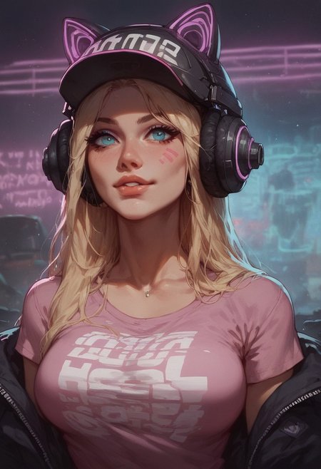 score_9, score_8_up, score_8_up, 1girl, gamer girl, pink T-shirt, blonde hair, (headphones with cat ears), virtual reality helmet,(oculus rift), sexy, nsfw,  neon lights, g0thicPXL, extreme close-up Portrait