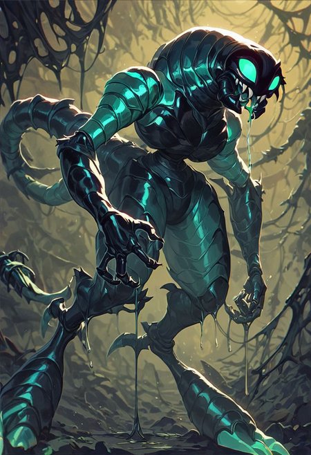 score_9,score_8_up,score_7_up, 
SPIDER monster:1.3, sleek black chitinous armor, glowing eye, swam, DARK damp cave, ((4 INSECT ARMS)), clawed fingers, (((4 insect legs))), mandibles, green drool, black shadows, scary environment, NO HUMAN, ((scorpion tail with dripping stinger)),