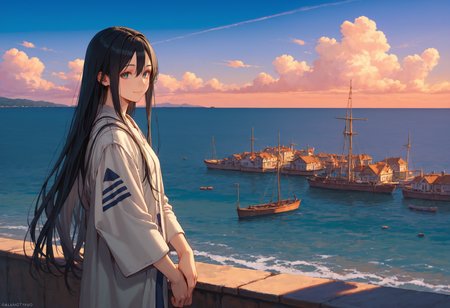 score_9, score_8_up, score_7_up, masterpiece, best quality, very aesthetic, absurdres, 
<lora:Amano_Kozue_å¤©éããã_Style_Pony-000010:0.8> (amano_kozue:1.2),
1girl, solo, black hair, long hair, clear eyes, gentle smile, 
blue sky, ocean, port  town,
