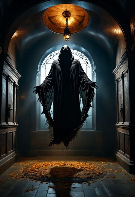 a dementor, levitating ominously. BREAK inside a dimly lit bell tower. vibrant, photo realism, Masterpiece, (8k), (32k), UHD, highest-quality, intricate details, highly detailed, best artist, immaculate micro-details, sharp edges, detailed textures, full body shot, full body cinematic, atmospheric lighting, visually stunning, perfect composition, trending on artstation