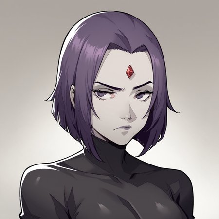 safe_pos, score_9, score_8_up, score_7_up, source_cartoon, 1girl, solo, bored,
p3reloadportraits, portrait, white background, looking at viewer, raised eyebrows, 
raven dc, purple hair, purple eyes, grey skin, bob hair cut, jewel in forehead, black leotard, long sleeves, big breasts, 