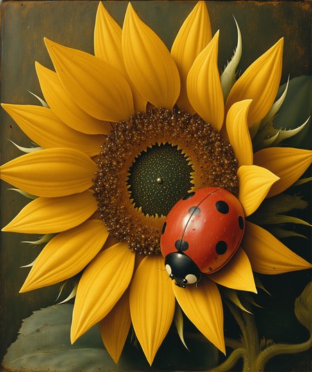 Imagine a surreal, dreamlike portrait of a ladybug resting on the vibrant yellow petal of a sunflower. style of Hieronymus Bosch. The ladybug, with its deep red shell and bold black spots, is rendered with a soft, glowing texture that contrasts gently against the flower's vivid yellow petals. Its enlarged, reflective eyes catch the light, adding an innocent, curious expression.
The sunflower, towering and oversized, dominates the background, its textured brown center providing a rich, earthy contrast to the smooth red of the ladybugâs shell. The petals extend outward, curving gently, their bright yellow tones blending softly into the background of muted greens and browns.
The overall atmosphere is one of serene elegance, with soft, flowing lines and a harmonious color palette. The background, slightly blurred and abstracted, enhances the focus on the ladybug and sunflower, creating a sense of stillness and quiet beauty.
detailmaximizer
<lora:ImageUpgraderV2:.75> <lora:style_of_Hieronymus_Bosch_FLUX_189:1>