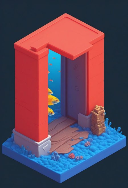 ((masterpiece, best quality)), high resolution, highly detailed,
(underwater, bubbles, coral reef, blue theme, fish:1),     
nxzskzt, 
IsometricDesert, simple background, white background, no humans, theme, red cloth, yellow cloth, door  neon,  isometric view, neon lighting, isometric miniature, cinematic lighting, extremely detailed, ultra HD, desktop wallpaper, 128k, neon theme, masterpiece, best quality