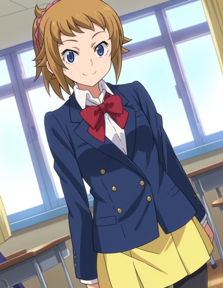 score_9, score_8_up, score_7_up, source_anime,
fuminahoshino, <lora:fumina-hoshino-s2-ponyxl-lora-nochekaiser:1>,
fumina hoshino, hoshino fumina, blue eyes, brown hair, ponytail, scrunchie,
skirt, school uniform, jacket, pantyhose, blazer, bike shorts, shirt, white shirt, collared shirt, bow, red bowtie,
indoors, classroom, smile,
looking at viewer, dutch angle, cowboy shot,
