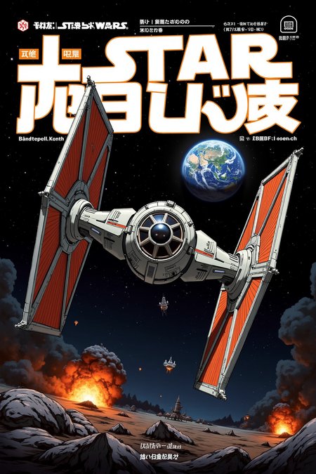Manga style Poster with bold large fonts and graphics, Sharp image of anime style of a digital illustration of a star wars tie fighter from the star wars franchise. The tie fighter is in the center of the image, with its iconic orange and black colors standing out against the dark background. It has two large wings on either side of its body, with a large circular engine in the front. The engine is surrounded by a ring of orange and yellow lights, representing the colors of the millennium falcon. In the background, there is a planet with a blue and orange glow, representing earth. The sky is filled with stars and planets, and there are explosions and explosions in the distance. The overall mood of the illustration is dramatic and futuristic. Anime art.