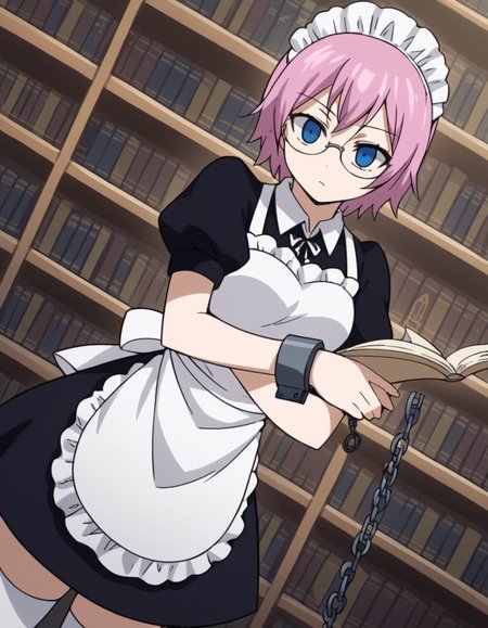 score_9, score_8_up, score_7_up, source_anime, <lora:fairytail-virgo-s7-ponyxl-lora-nochekaiser:1>,, maid virgo, short hair, bangs, blue eyes, pink hair, thighhighs, dress, short sleeves, shoes, puffy sleeves, black footwear, apron, black dress, white thighhighs, puffy short sleeves, zettai ryouiki, maid, maid headdress, white apron, maid apron, cuffs, enmaided, handcuffs,, library, reading books, glasses, quiet, focused, shelves of books, , , arm wrapped around someone, solo,, cowboy shot, dutch angle