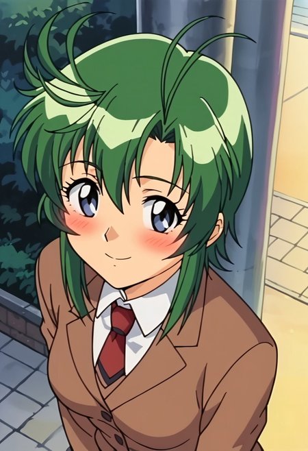 score_9,score_8_up,score_7_up,score_6_up,score_5_up,score_4_up,negative_hand, 1girl, naokiamagake,Antenna, Parted to Side, Shoulder-length, Green Hair,Blazer School Uniform, Necktie, Skirt, looking at viewer, smile, blush, from above, anime screencap, school background, outdoors