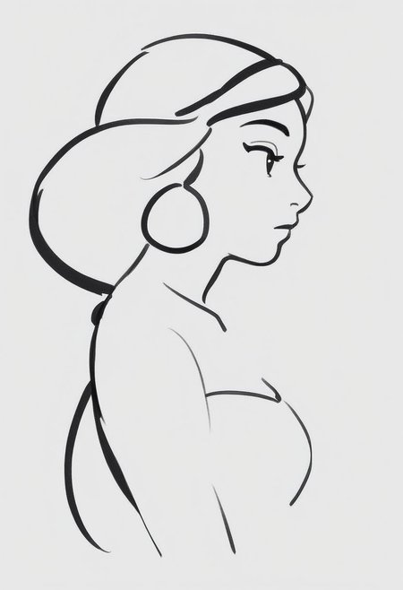 1girl, upper body, Jasmine,   ((solo)), from side, profile sketch, Minimalism, Greyscale, Stylized