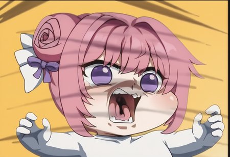 score_9, score_8_up, score_7_up, source_anime,
BREAK
<lora:shikaibaTestNoV1-000008:1.0>, kaibanodef,
open mouth, upper body, teeth, screaming, parody,
<lora:Doro_X_PDXL_V1:1.0> doro, creature, :3, chibi, pink hair, purple eyes, hair bun, hair bow, no humans, white skin, four legs, solid circle eyes, no pupils,