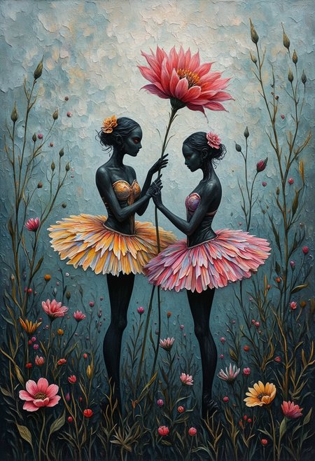 A breathtaking and very detailed, prestine quality, masterpiece. flower prominent in the foreground, creating a mysterious and elegant ambiance with gothic and baroque influences,Eerie photo photo with two creepy ballerinas in colorful tutus, crisp lines and contrasts, creating a mysterious and timeless atmosphere, black lab counters, overgrown grass flower prominent in the foreground, creating a mysterious and elegant ambiance with gothic and baroque influences,Eerie impasto painting with two creepy ballerinas in colorful tutus, crisp lines and contrasts, creating a mysterious and timeless atmosphere, black lab counters, overgrown grass