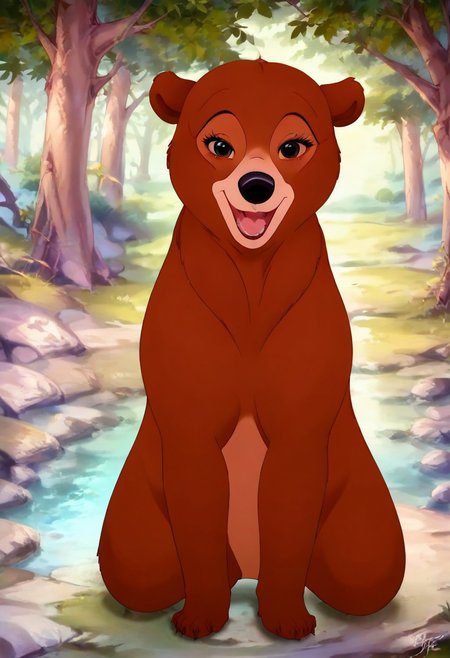 Bear, cartoon, female, Nita, Disney, 2d, detailed forest background, bipedal, full body, <lora:J_cartoon:0.7>, j_cartoon, <lora:MeekoXL:0.9>, Disney, score_9, score_8_up, score_8, solo, (feral), detailed fur, ((happy expression)), ((looking at viewer seductively:1.6)), breathtaking, environmental lighting, professional, highly detailed, ((detailed shaders)), beautiful, high quality, night-time, outdoors, dark forest, <lora:Furtastic_Detailer:1>