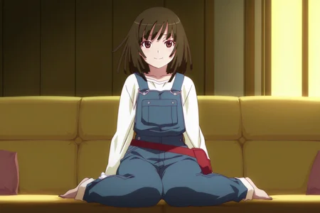 anime screencap, anime coloring, detailed face, masterpiece, best quality, very aesthetic, absurdres, volumetric lighting, official style, amazing quality, ultra detailed,  highres, amazing quality, scenery, beautiful detailed hair, beautiful detailed eyes,
<lora:StS-Illustrious-Detail-Slider-v1.0:4>
 <lora:Nadeko_Sengoku_Monogatari_Series:1>
indoors, in a room, on a couch,
Nadeko blue overalls (outfit), Nadeko Sengoku (character), 1girl, sengoku nadeko, overalls, solo, wariza, barefoot, brown eyes, sitting, brown hair, short hair, pouch, blue overalls, looking at the viewer, smile