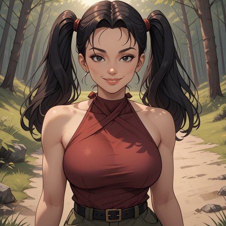 score_9, score_8, BREAK, solo, black hair, twintails, black eyes, long hair, lips, burgundy red shirt, halterneck, green short, black belt, burgundy red sandals, Heather_(Total_DramaRama), cute, tall, adult female, mature female, big breasts, sexy pose, self portrait, smile, looking at viewer, outdoors, sunlight, shadows, evening lighting, natural lighting, forest, trees, grass, orange sky, sunset