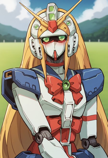 score_9, score_8_up, score_8, source_anime,  <lora:NobelGundamF:0.85> solo, robot, mecha, green eyes, no humans, long hair, very long hair, blonde hair, v-fin, bow, red bow, looking at viewer, upper body, v sign, blush,
(grasslands background), blurry background,