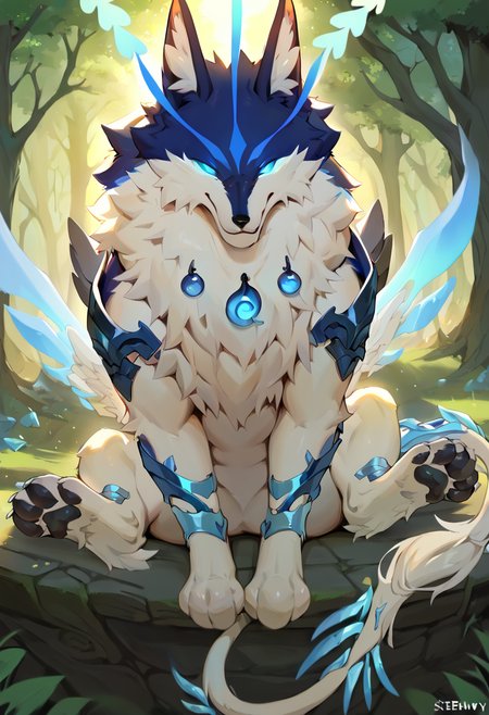 <lora:GI_Andrius_a1_3_PonyXL-000005>,<lora:PDXL_artist_tags_v2:0.8>,score_9,score_8_up,score_7_up,source_furry,feral,andrius,by smewed,(by claweddrip:0.5),solo,hi res,detailed background,forest,
looking at viewer,extreme detail,dynamic lighting,cinematic lighting,detailed eyes,tail,wing trail,multi wing,necklace,shoulder armor,thigh armor,ankle armor,blue eyes,