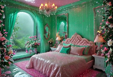 Light mood masterpiece photography, realistic, realistic photograph, crystal chandelier, lava lamps, rain inside bedroom, bedroom floor is water, flowers, trees, indoors, pond, swet flowers, glitter flowers, damp, pond inside bedroom, luxurious bedroom, bedroom, lots of jewelry, widescreen TV, Lisa Frank inspired, rainy scene indoors, fancy furniture, Lisa Frank colors, green dress, Lisa Frank inspired, vanity, makeup collection, bedazzled platform shoes, stained glass windows, large shoe collection, maximalism, orange bedsheets, green walls, vines on walls,  flowers on bed, maximalist bedroom, soft rug, neon rug, bedroom like bedroom from Howl's Moving Castle, beaded curtains, crystal room decor, lots of clothes, 2000s, fuzzy beanbag